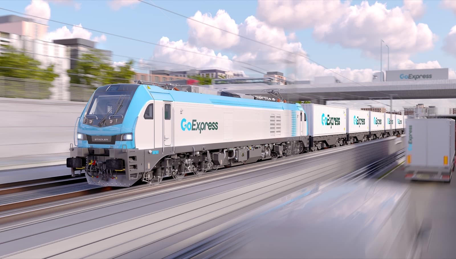 Rail freight train hauling intermodal containers